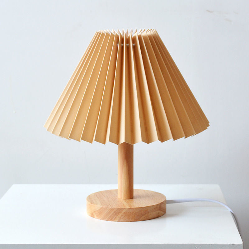 Pleated wood USB table lamp in small, coffee