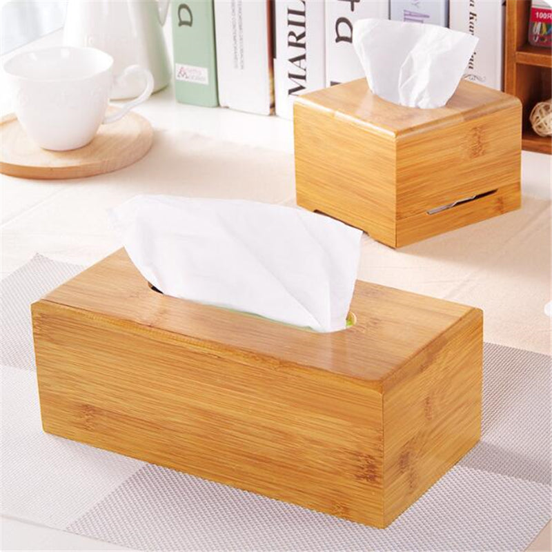 Natural Bamboo Tissue Box Covers in Rectangular and Square sizes styled on a tabletop