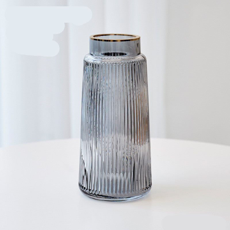 Ribbed glass flower vase – Smoke Grey with gold rim, Medium
