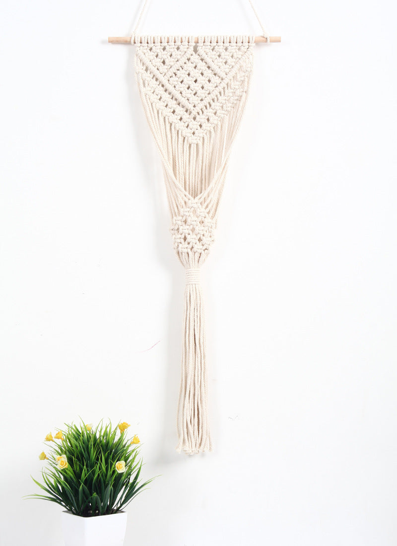 Full-length view of the 30 × 70cm Cream Macramé Wall Hanging Planter on a natural wooden dowel
