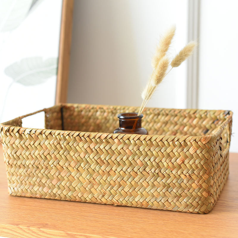 Seagrass storage basket on a wooden table