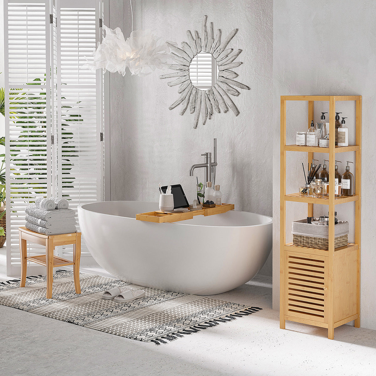 Slatted bamboo bench in a bright bathroom