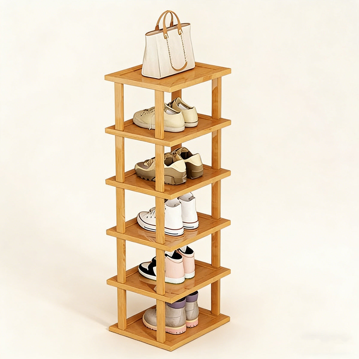 6-tier bamboo shoe rack holding trainers and a handbag