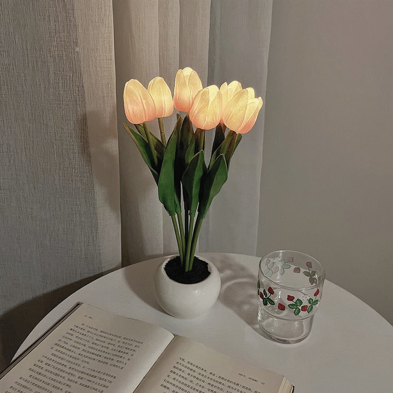 LED tulip flowerpot lamp in light pink, 6 heads