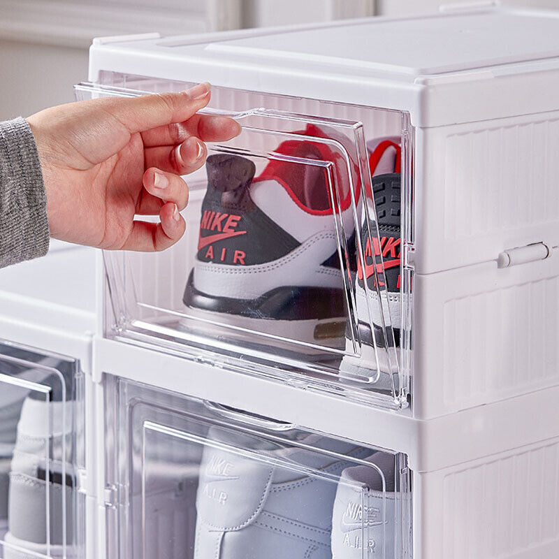 Opening a clear shoe storage box door