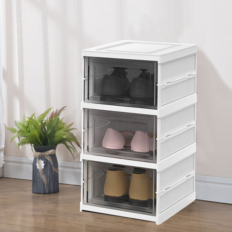 3-tier stack of white shoe storage boxes