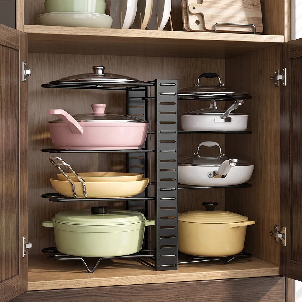 Pan organiser rack in a wooden kitchen cupboard