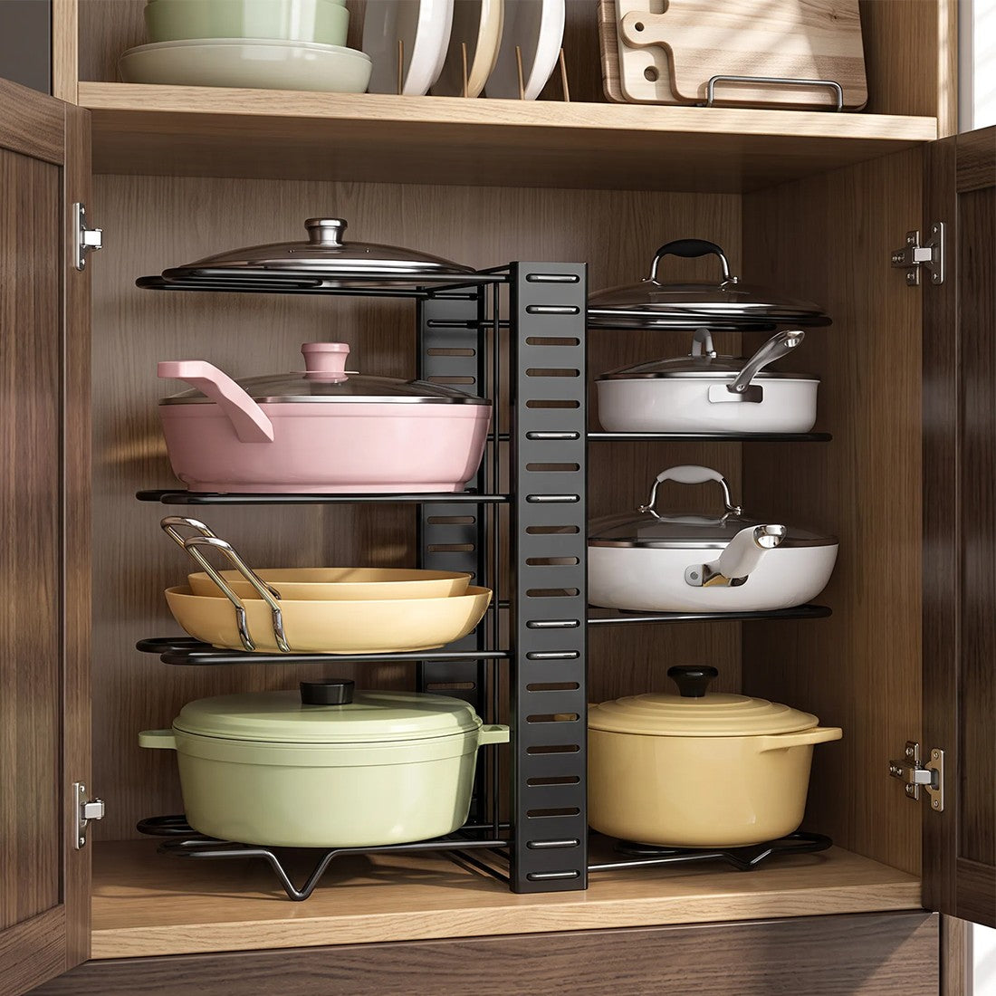 Pan organiser rack in a wooden kitchen cupboard