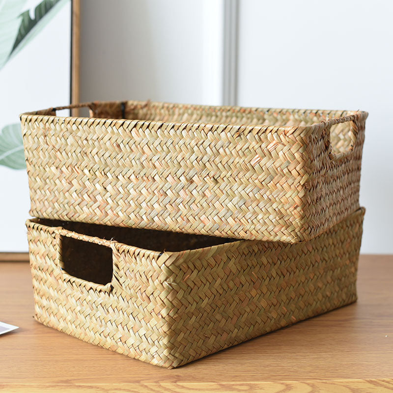 Stacked rectangular seagrass baskets
