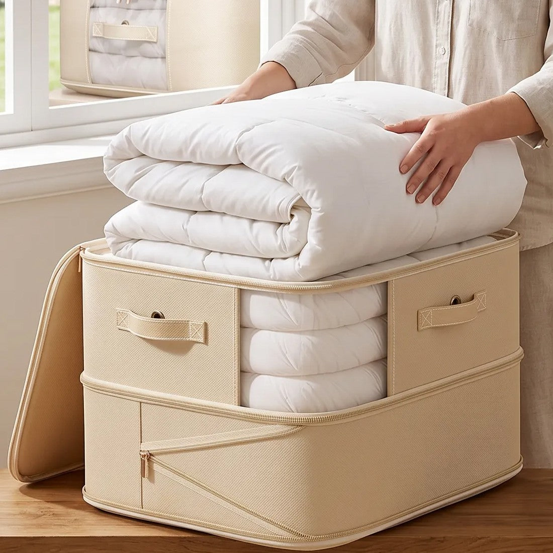 Beige collapsible duvet storage bag holding a folded duvet