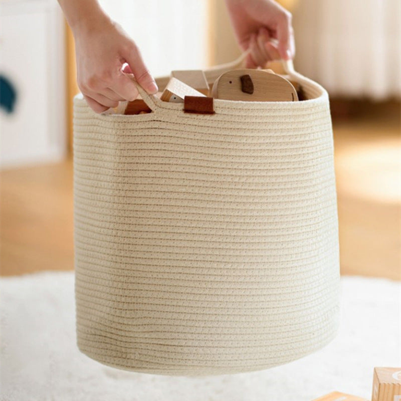 Woven cotton rope storage basket with handles, view 6