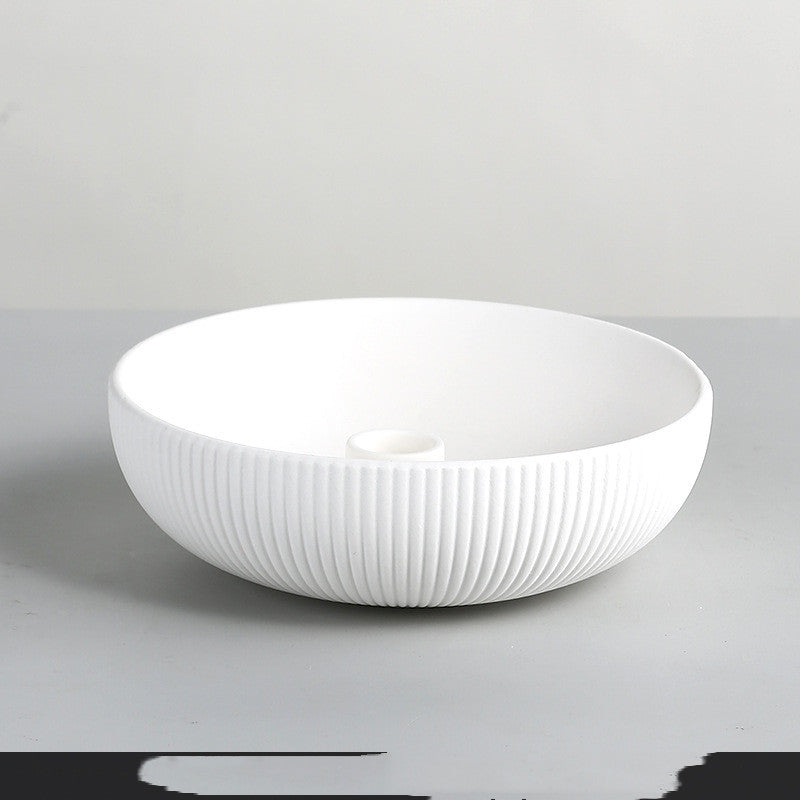 Minimal ceramic candle tray in matte white fluted porcelain (17.5cm)