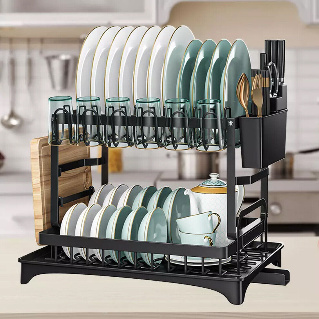 Black 2-tier dish drainer rack with plates, cups and cutlery