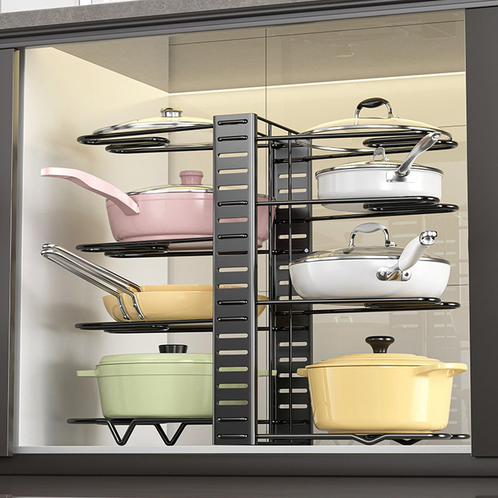 Pan and lid organiser rack holding pots and casserole dishes
