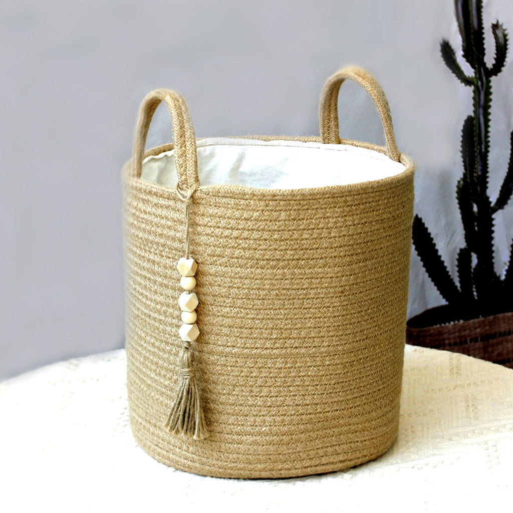Woven cotton rope storage basket with handles, view 8