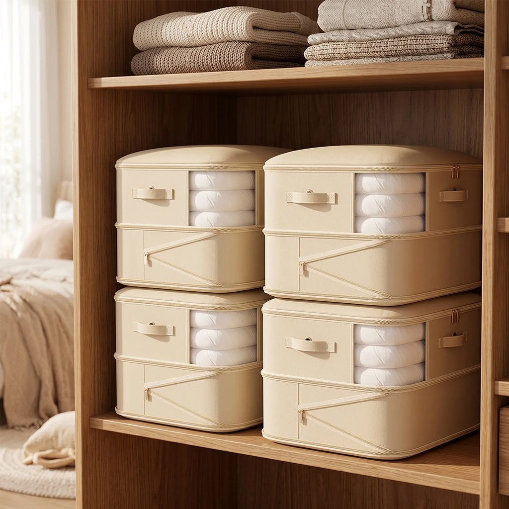 Beige duvet storage bags stacked on a shelf