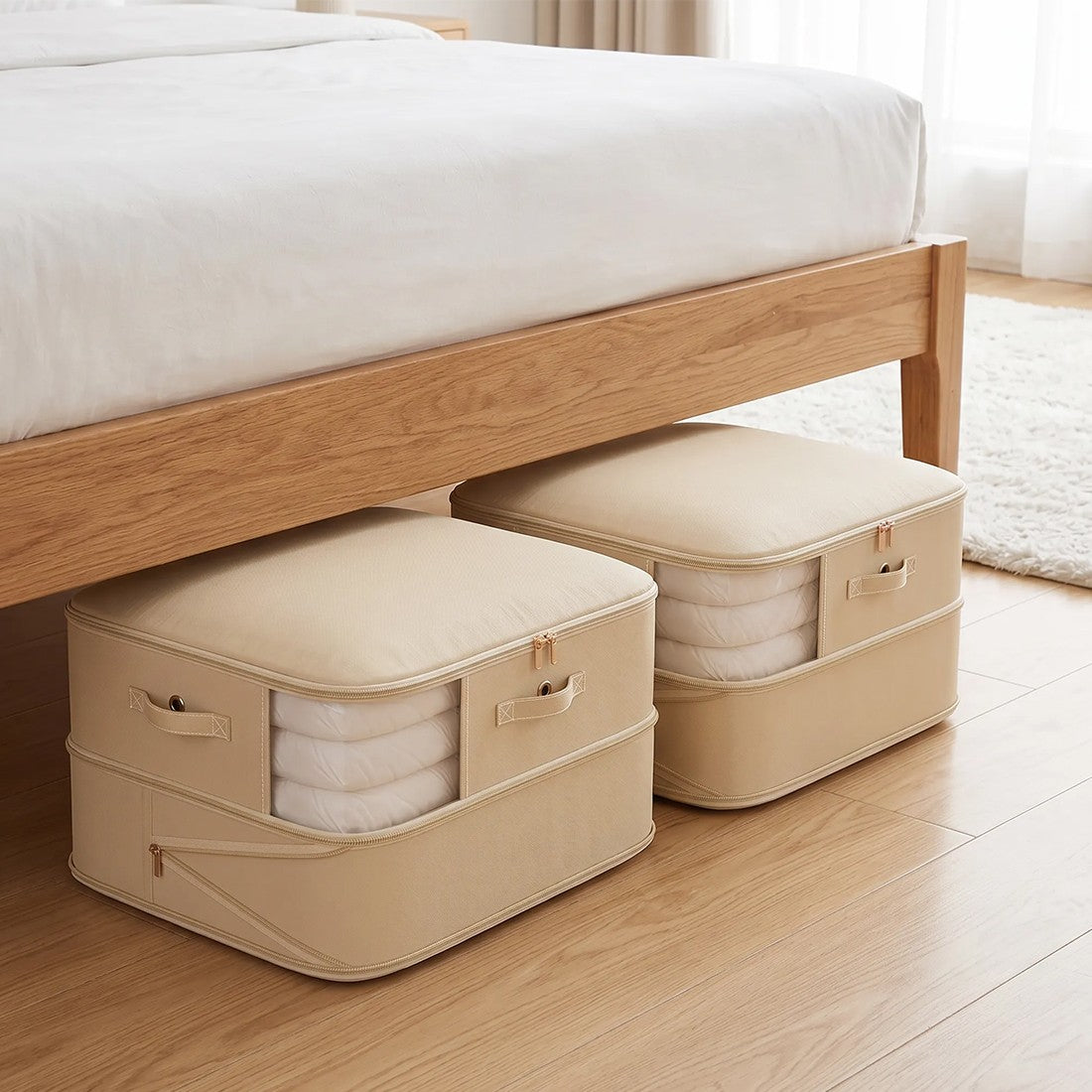 Beige storage bags stored under a wooden bed