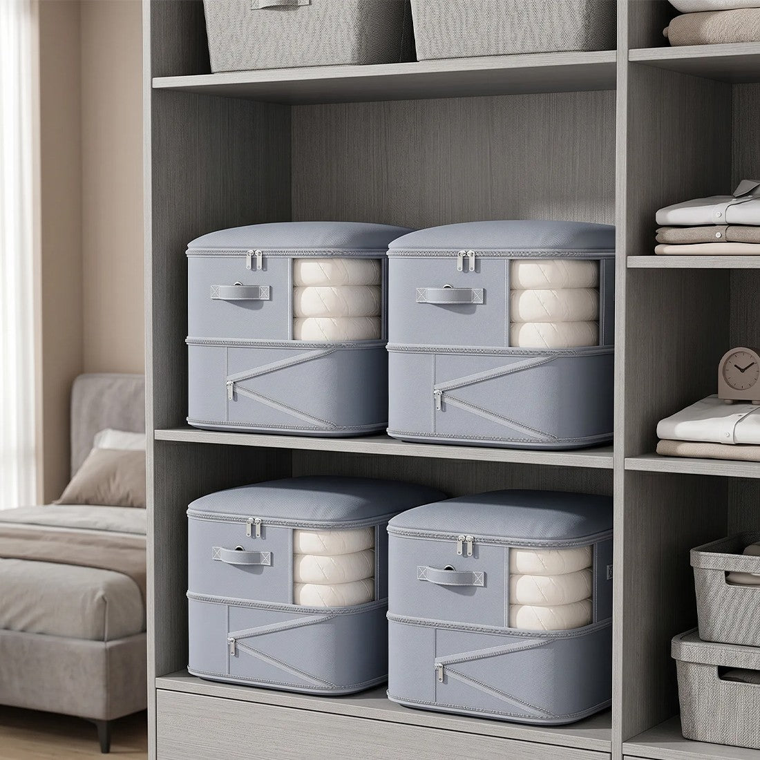 Grey duvet storage bags on a wardrobe shelf