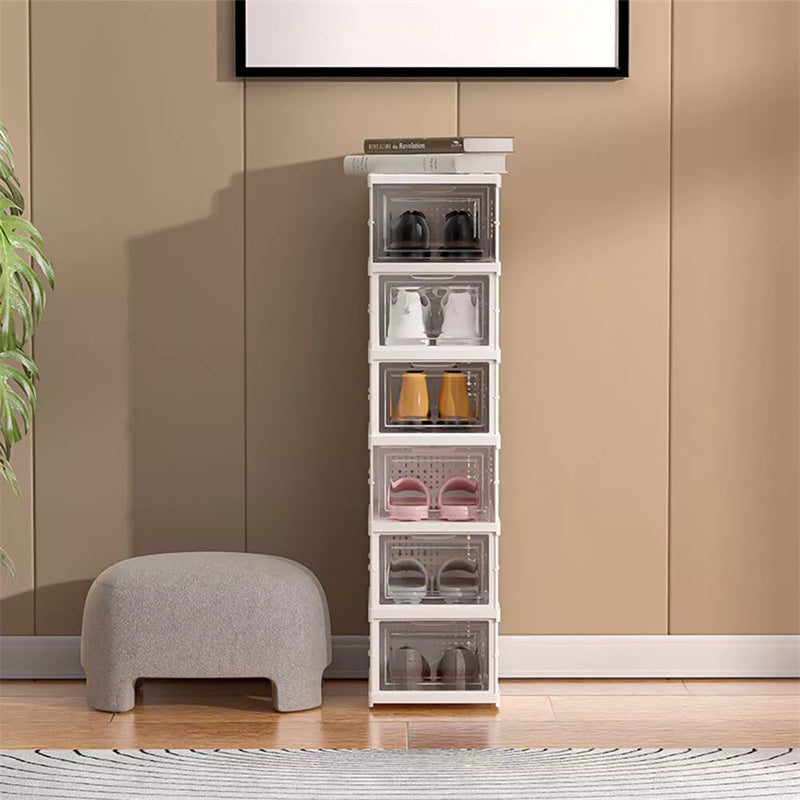 6-tier white shoe storage tower in a hallway