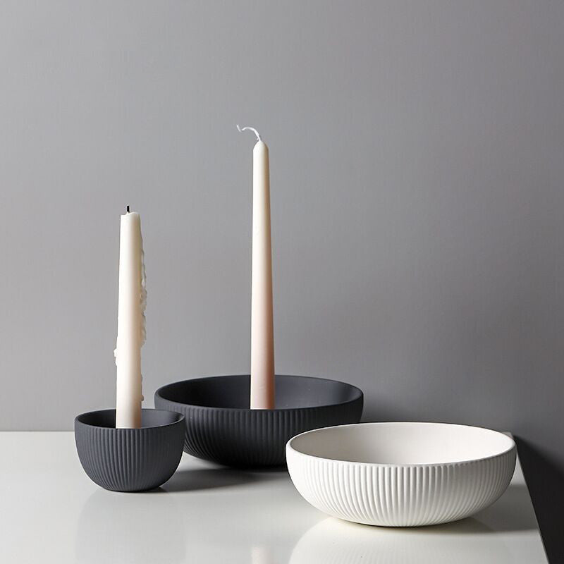 Minimal fluted ceramic candle tray collection with taper candle