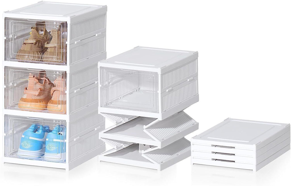Foldable shoe storage boxes partly assembled
