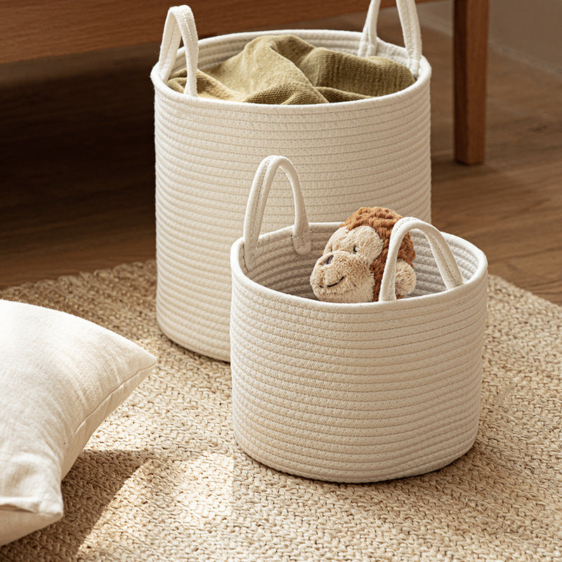 Woven cotton rope storage basket with handles, view 4
