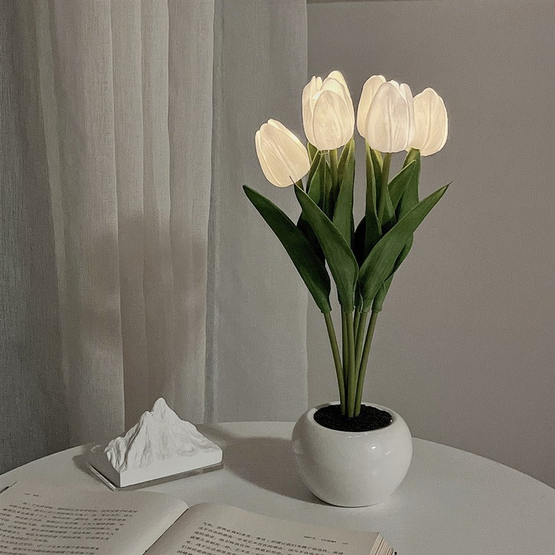 LED tulip flowerpot lamp in white, 6 heads