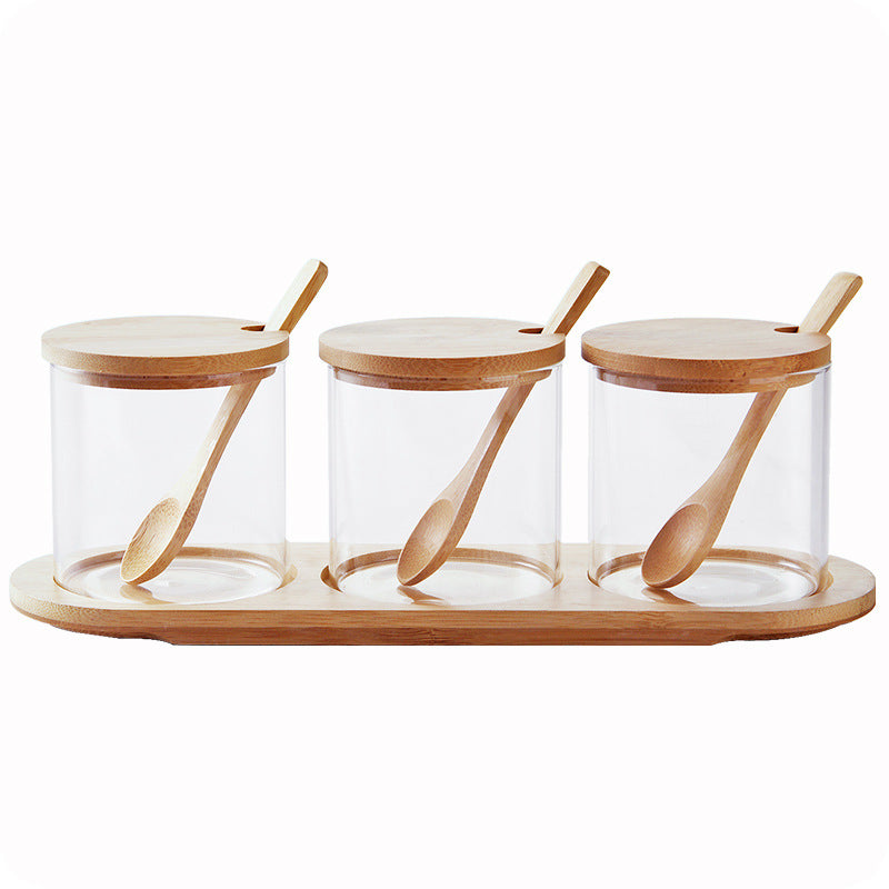 Bamboo Lid Glass Storage Jar 3-piece spice set on natural bamboo tray