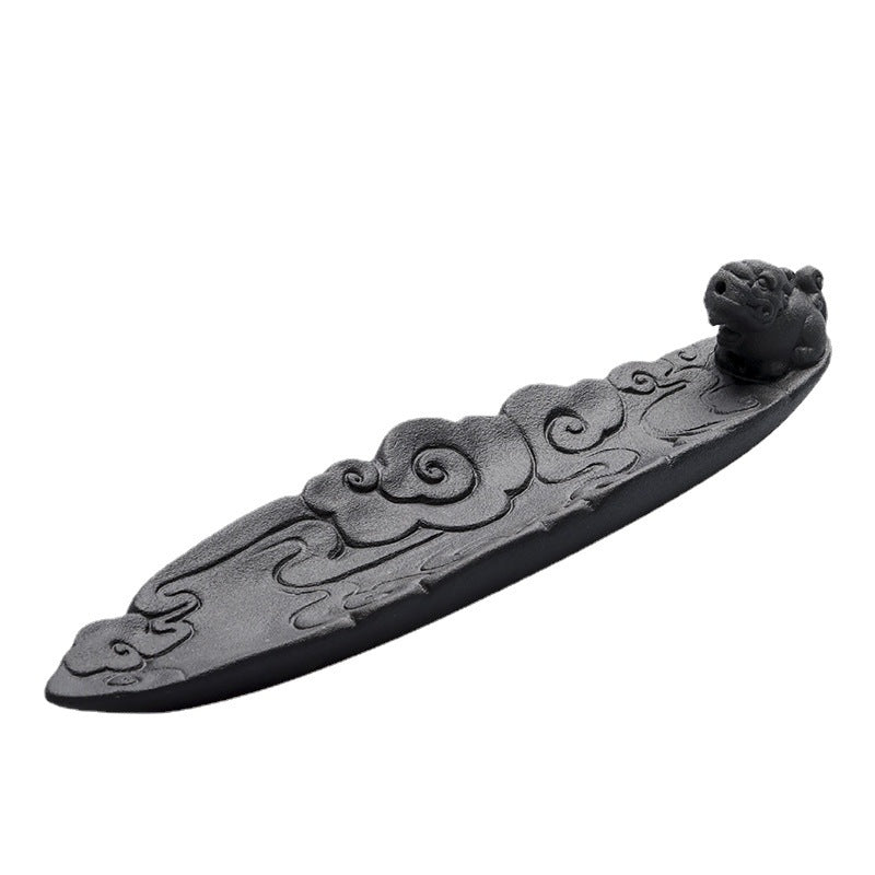 Black ceramic incense stick holder – 26cm carved cloud tray with guardian lion rest